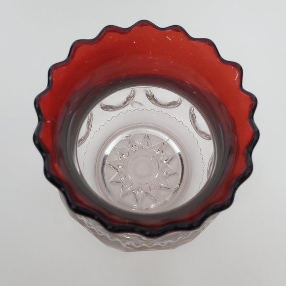 Vintage MCM Cranberry Glass Bowl Vase Candleholder Scalloped Ruffled Rim Regency - Picture 2 of 8